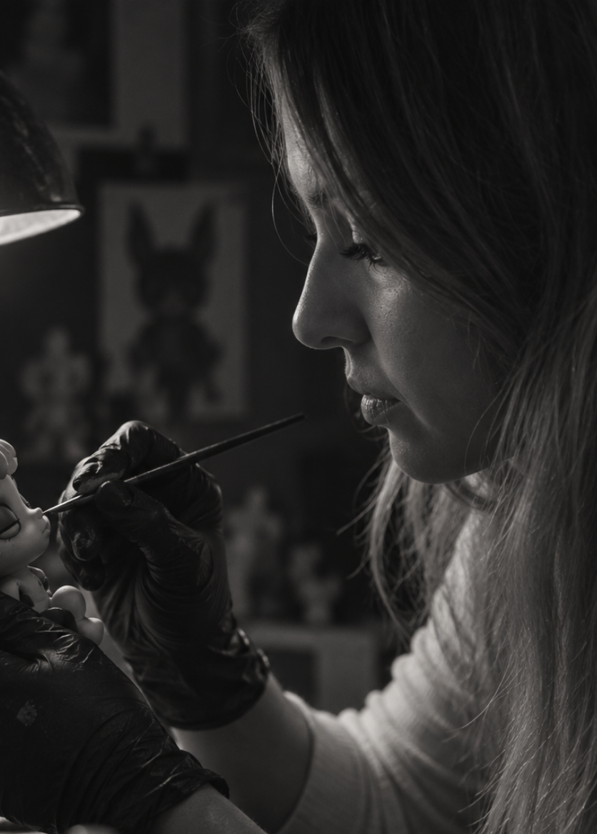 The artist hand-painting a figurine with a fine brush, unfinished casts lining the studio shelves behind