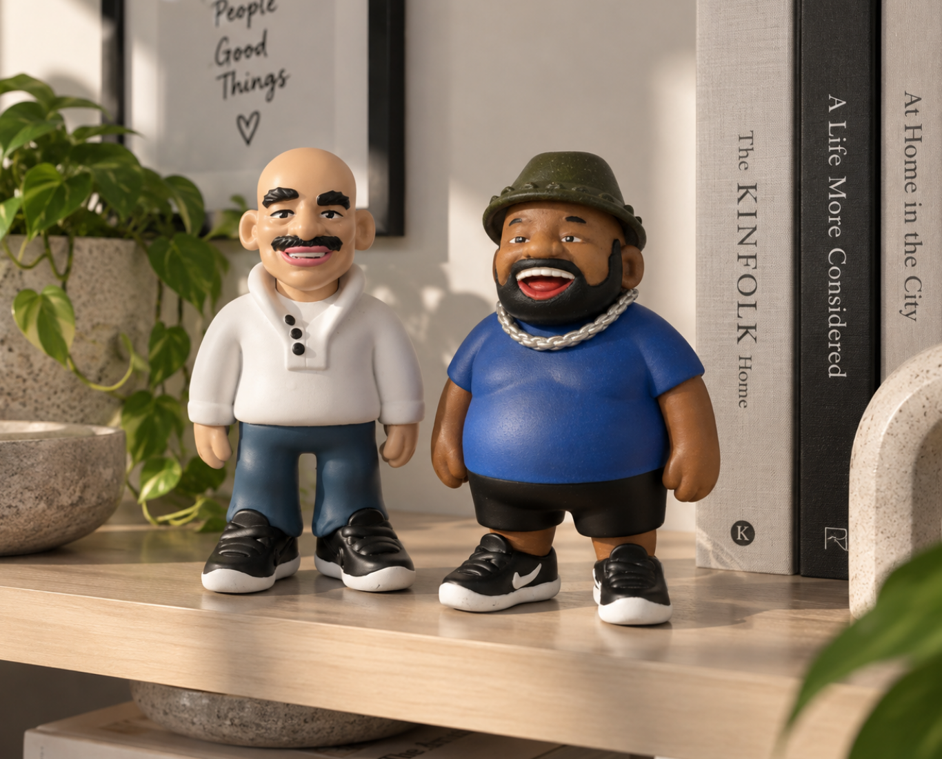 Two hand-painted resin character figurines standing on a light oak shelf beside books and a trailing plant