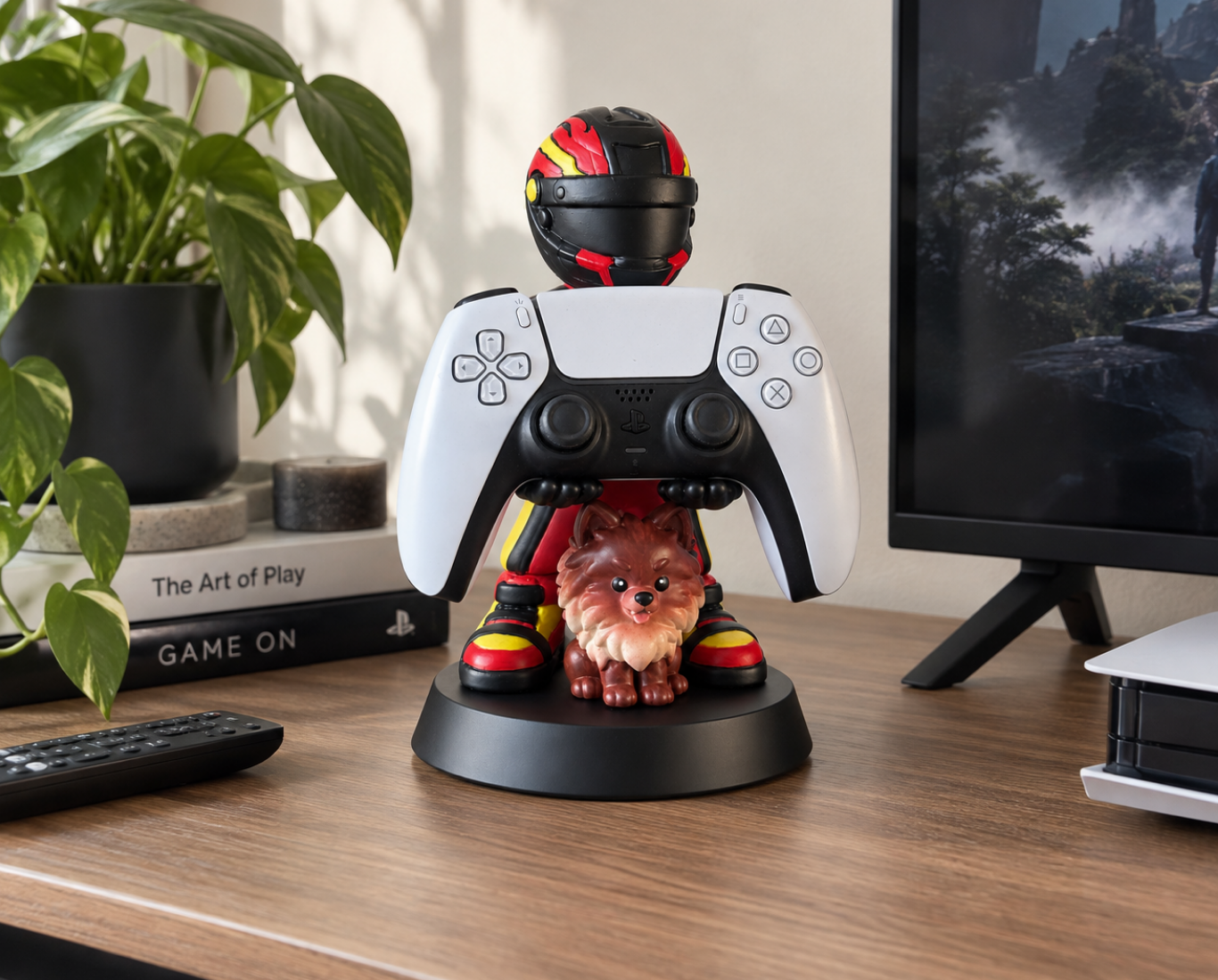 Sculpted resin controller stand holding a games controller on a desk