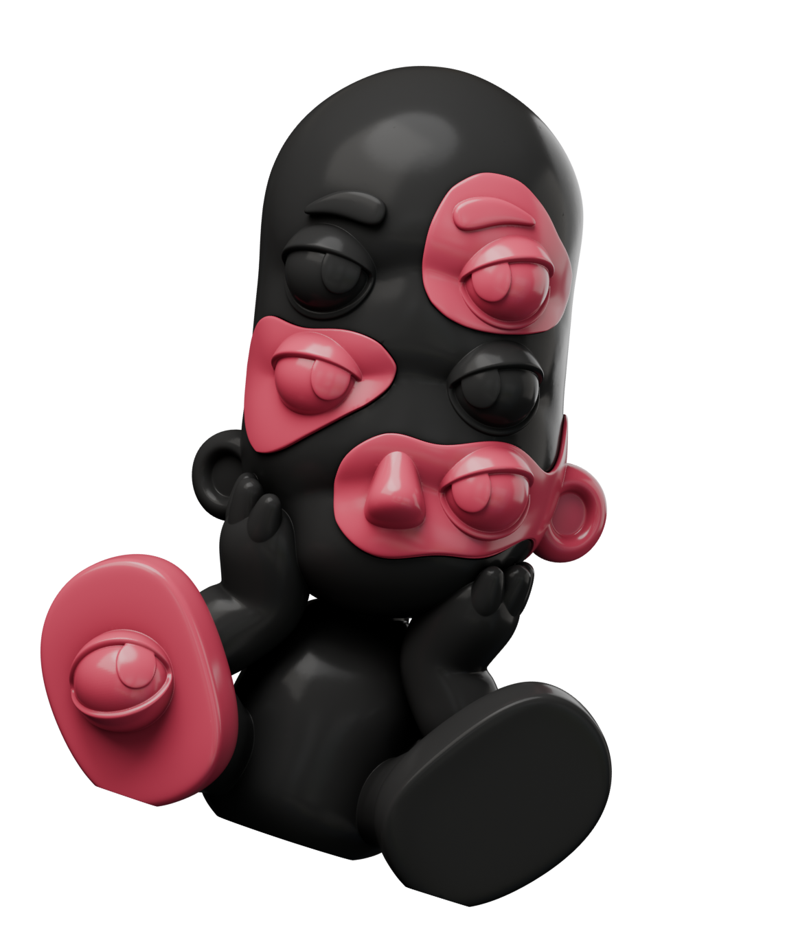 Perceptive figurine — a matte black resin sculpture with rose-coloured eyes blooming across its face and body