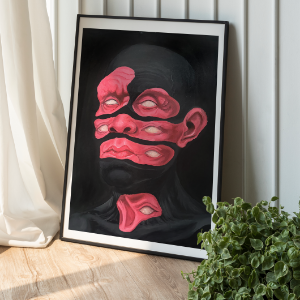 Framed giclée print of the Perceptive artwork leaning against a wall beside a plant